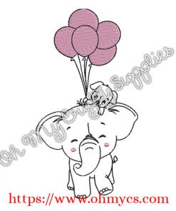 Balloon Elephant with pup embroidery design