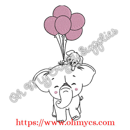 Balloon Elephant with pup embroidery design