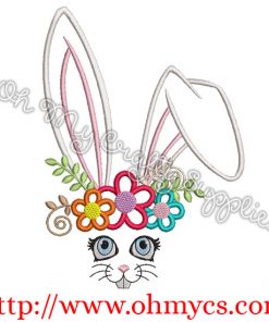 Bunny Face and Flowers Embroidery Applique