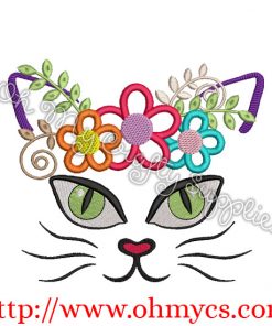 Kitty Cat Face with Flowers Applique