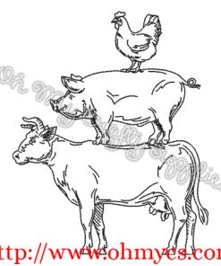 Cow Pig Chicken Sketch Embroidery Design