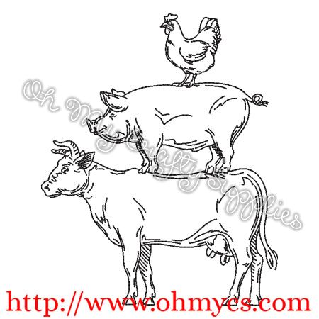Cow Pig Chicken Sketch Embroidery Design