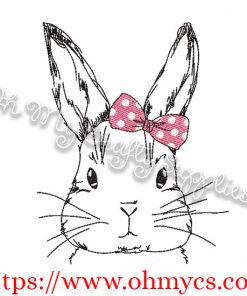 Sketch Cute Girl Bunny with Bow Embroidery Design