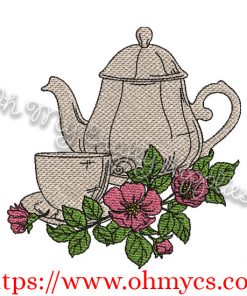 Floral Teapot and Cup Embroidery Design
