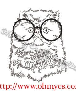 Fluffy Sketch Cat With Glasses Embroidery Design