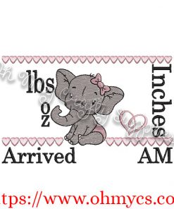 Baby Girl Elephant birth Announcement Embroidery Design