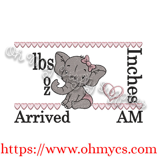 Baby Girl Elephant birth Announcement Embroidery Design