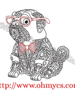 Henna Pug w Glasses and Bowtie Embroidery Design