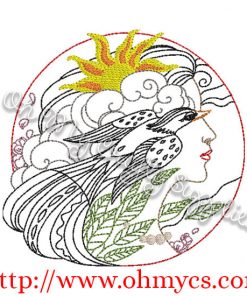 Lady Sun and Bird Embroidery Design