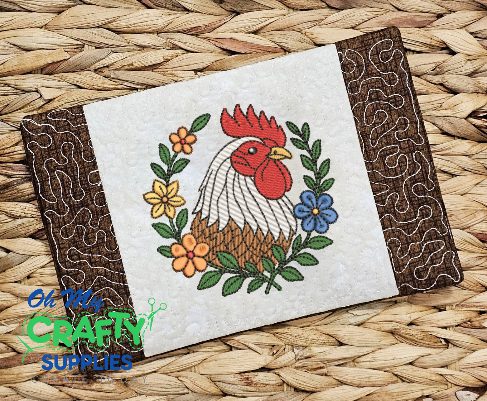 Floral Rooster Mug Rug Embroidery Design (REV)
