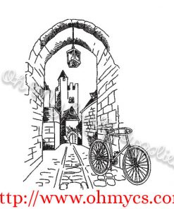 Scenic Street with Bike Sketch Embroidery Design