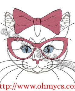 Sketch Cat with bow and glasses Embroidery Design