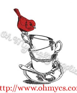 Sketch Tea Cups with Bird Embroidery Design