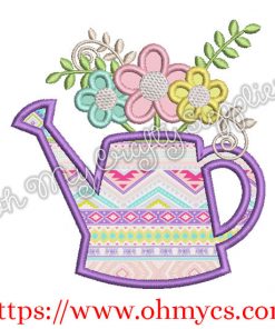 Spring Watering Can with Flowers Embroidery Design