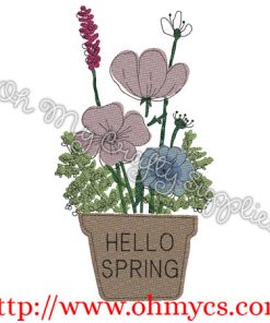 Spring Flower Pot Embroidery Design