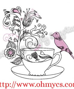 Swirly Bird Tea Cup Embroidery Design