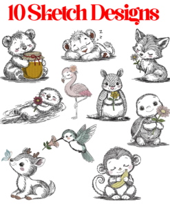10 Cute Sketch Animal Embroidery Design