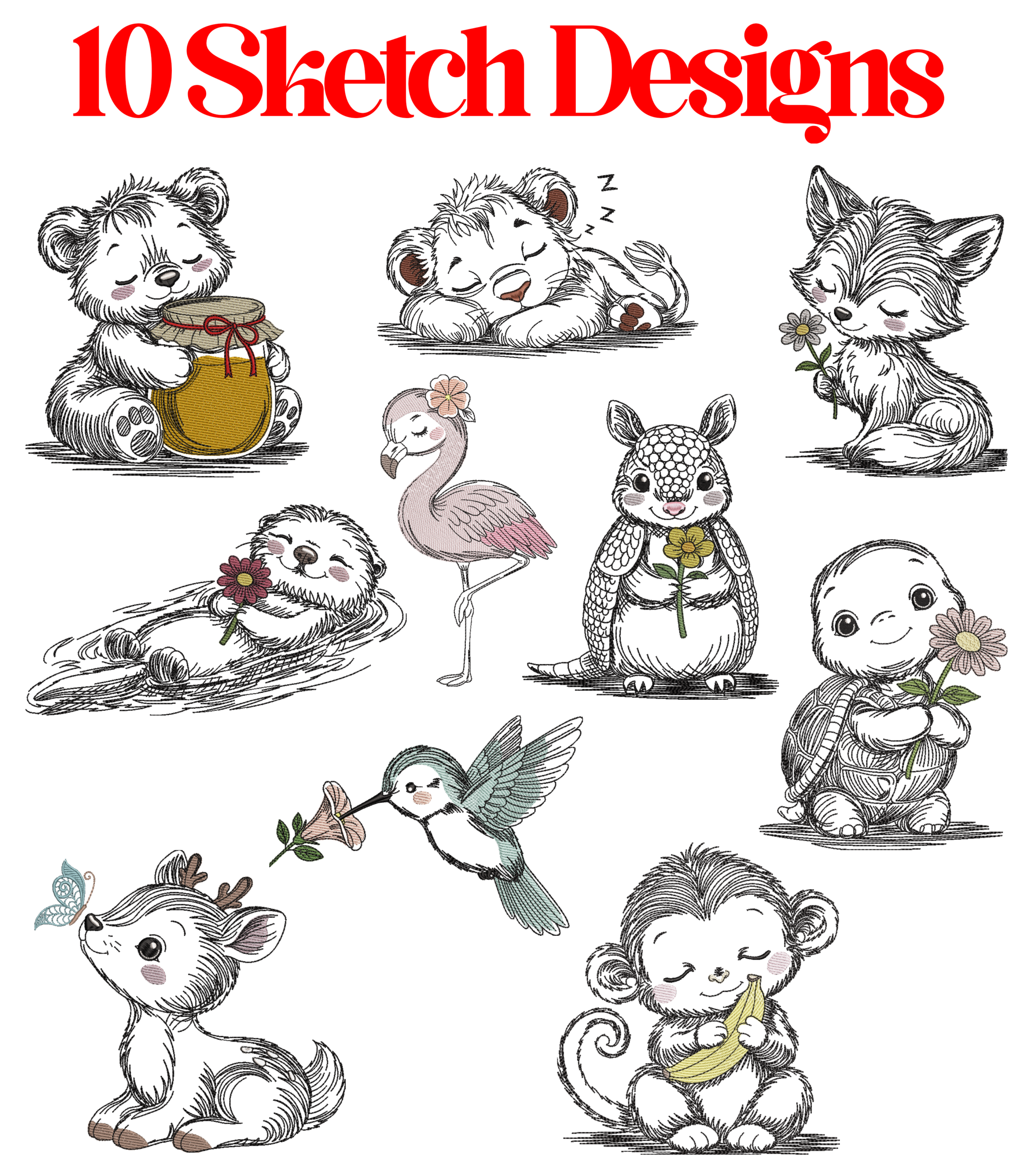 10 Cute Sketch Animal Embroidery Design