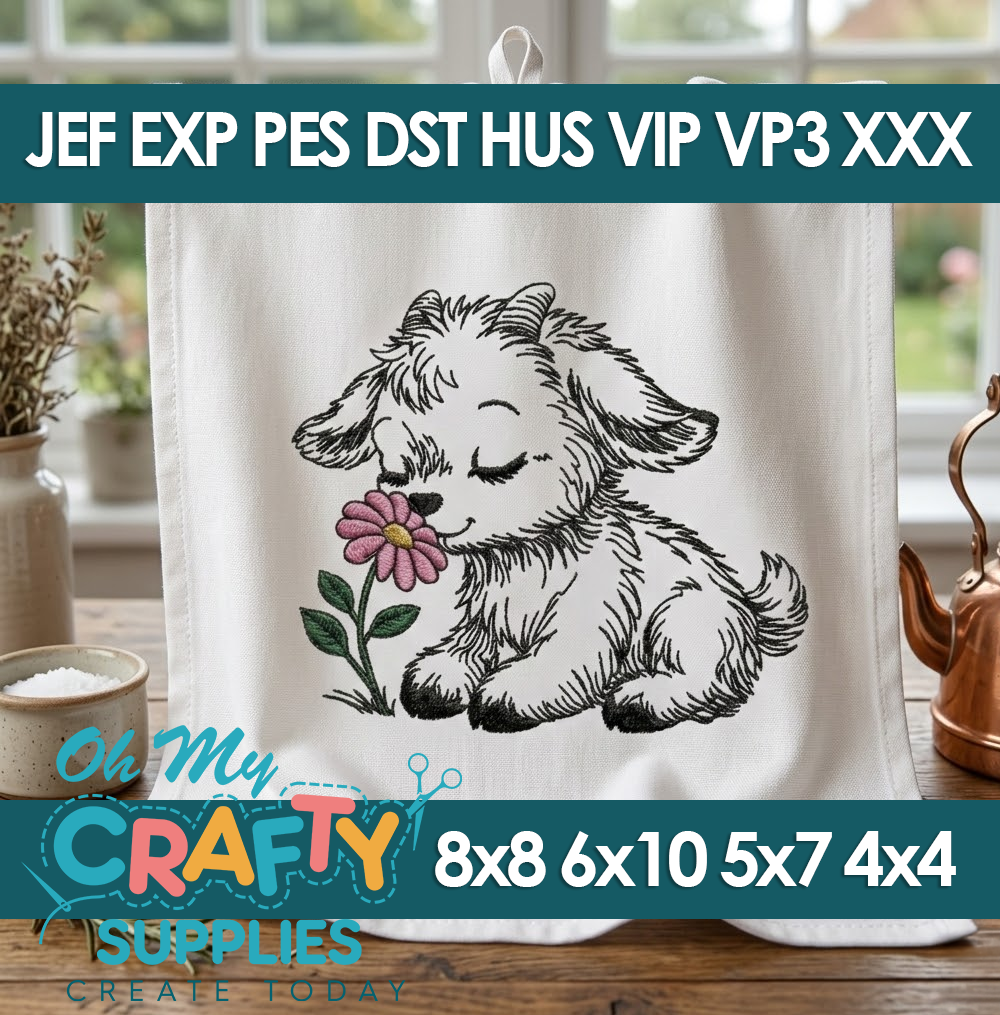 Sketch Kid Goat with Flower Embroidery Design