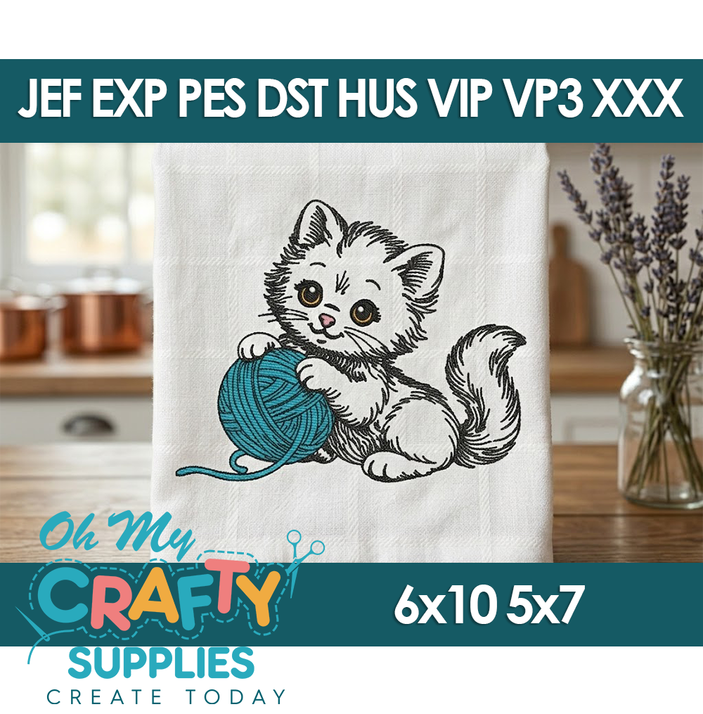 Sketch Kitten and Yarn Embroidery Design