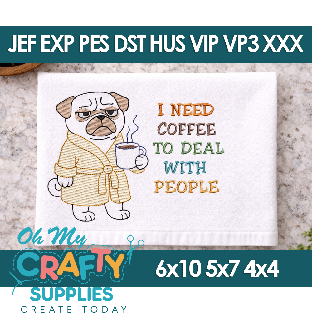 Coffee Pug Embroidery Design