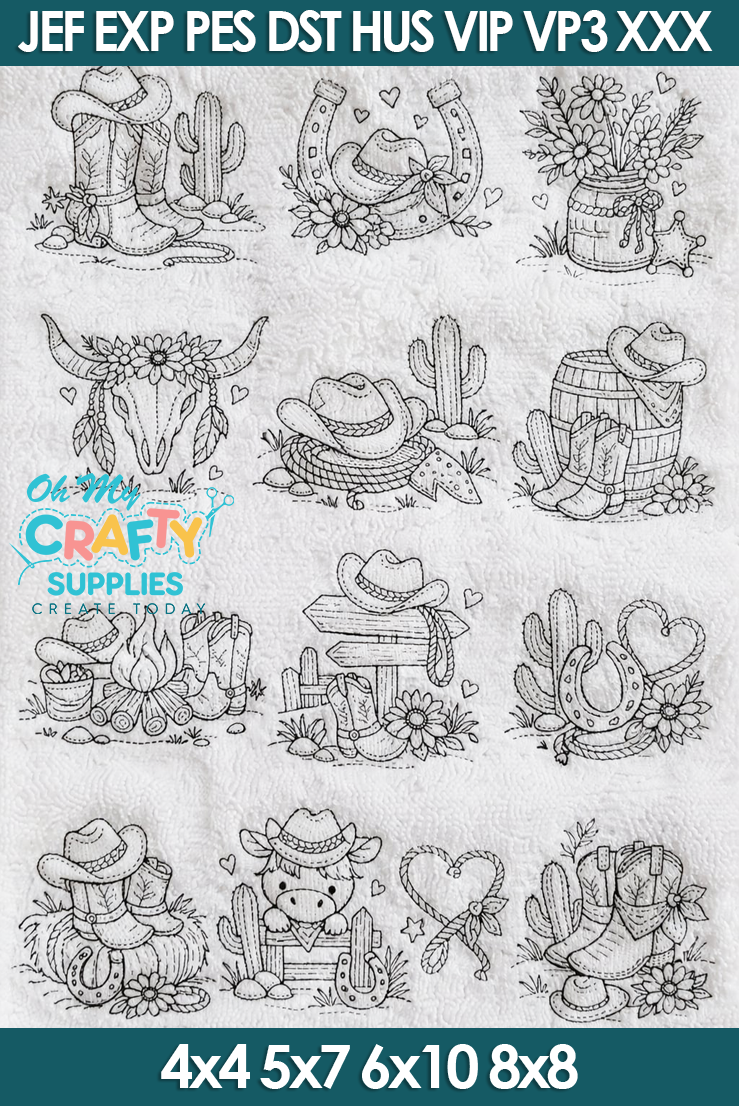 Western Line Art Embroidery Design Collection of 13