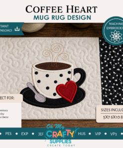 ITH Coffee Heart Mug Rug Embroidery Design