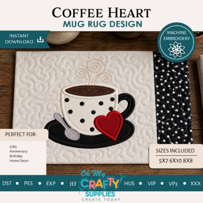 ITH Coffee Heart Mug Rug Embroidery Design