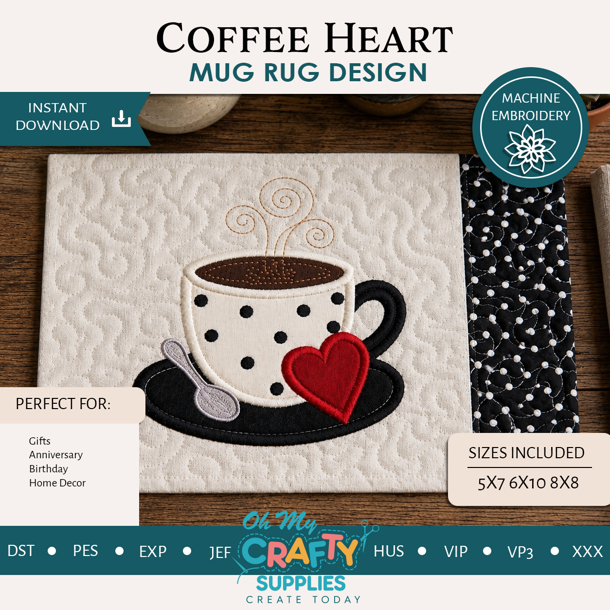ITH Coffee Heart Mug Rug Embroidery Design