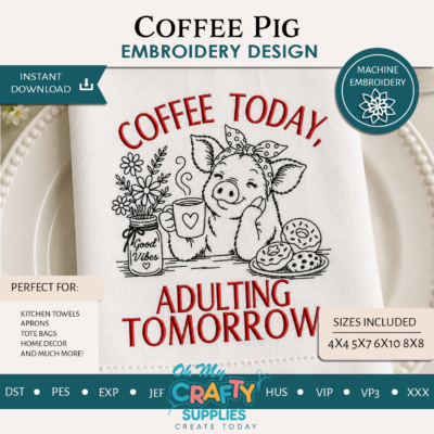 Coffee Pig Embroidery Design