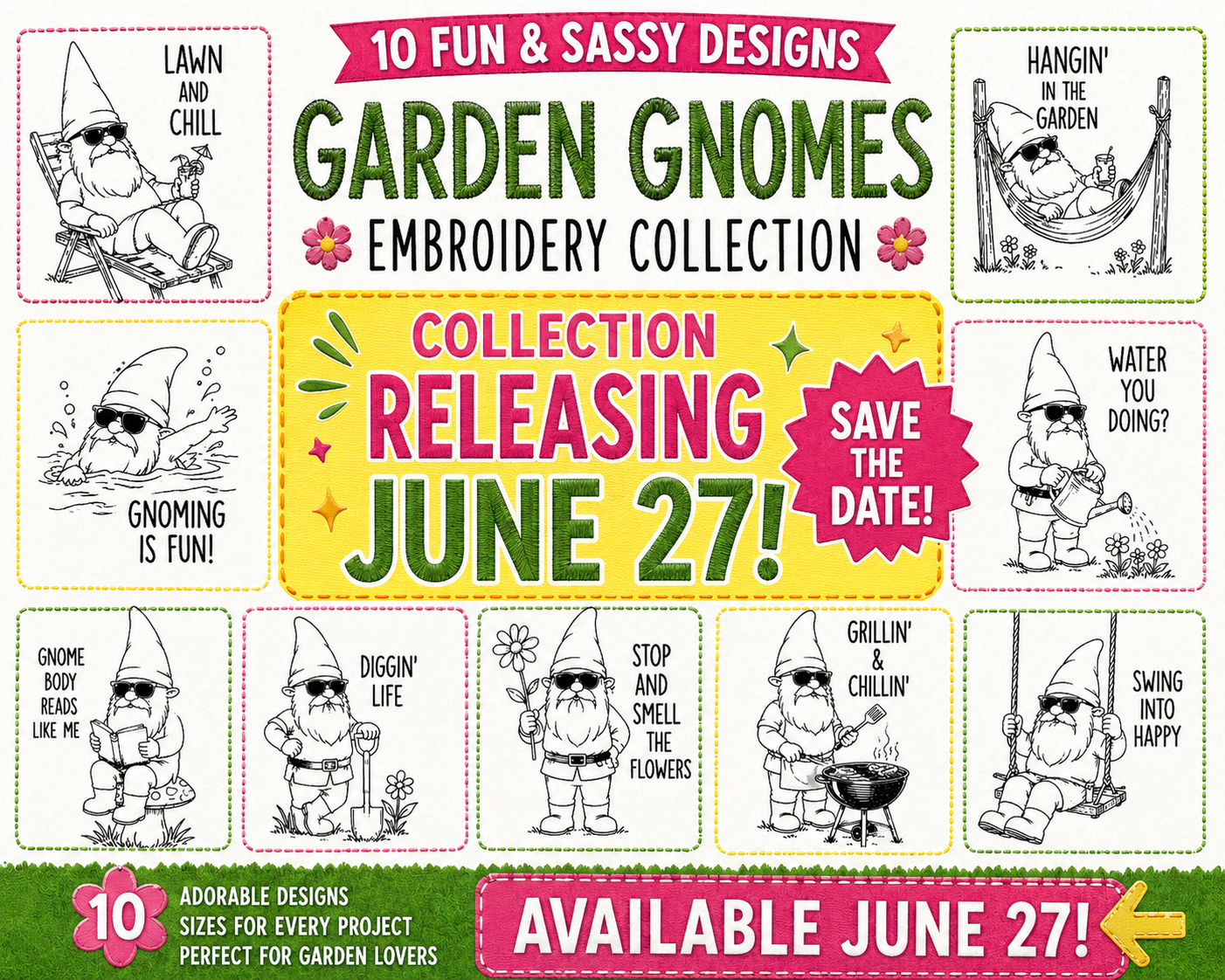 Garden Gnomes Embroidery Collection- 10 Designs