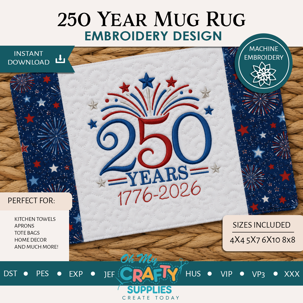 ITH 250 Year Mug Rug Embroidery Design