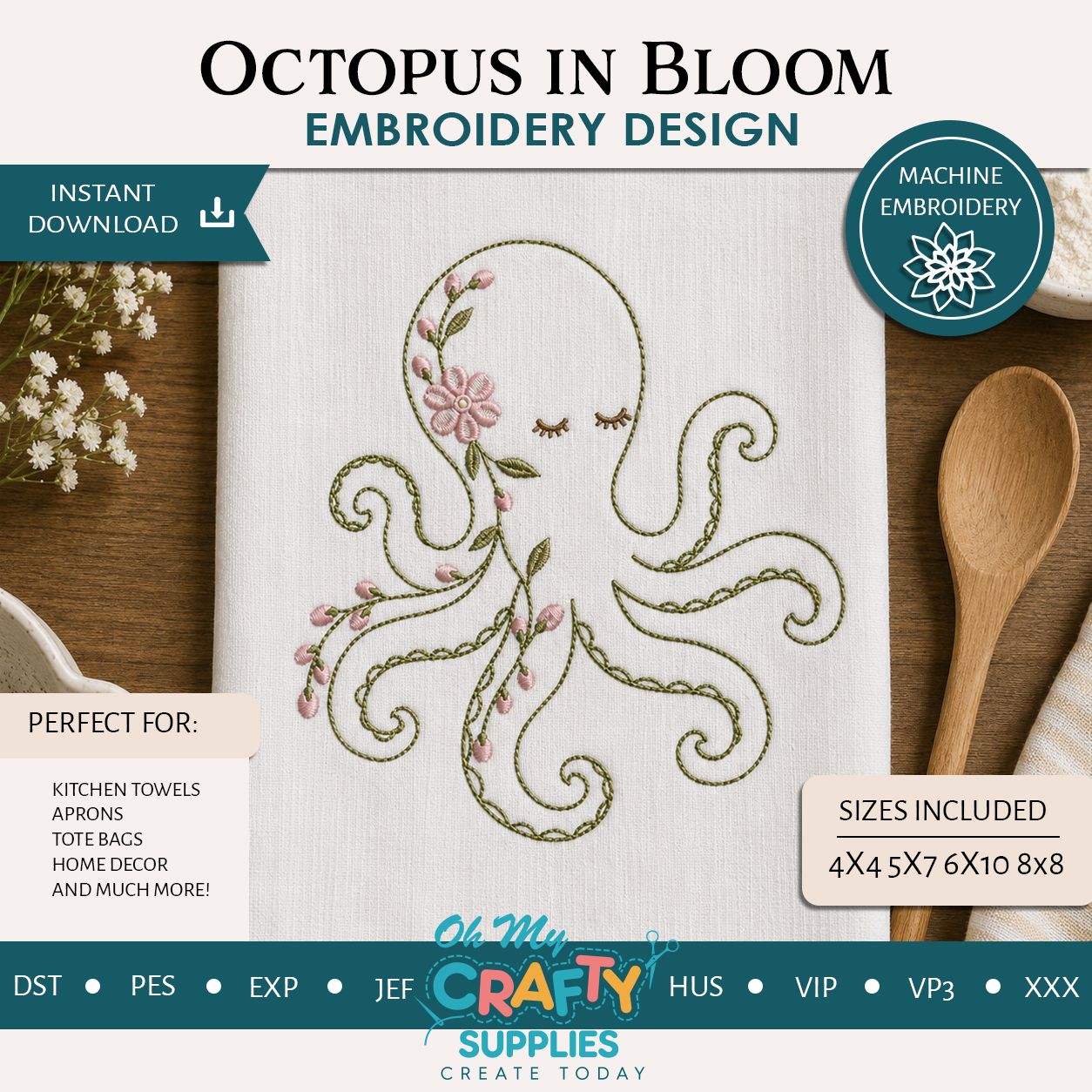 Octopus in Bloom Embroidery Design
