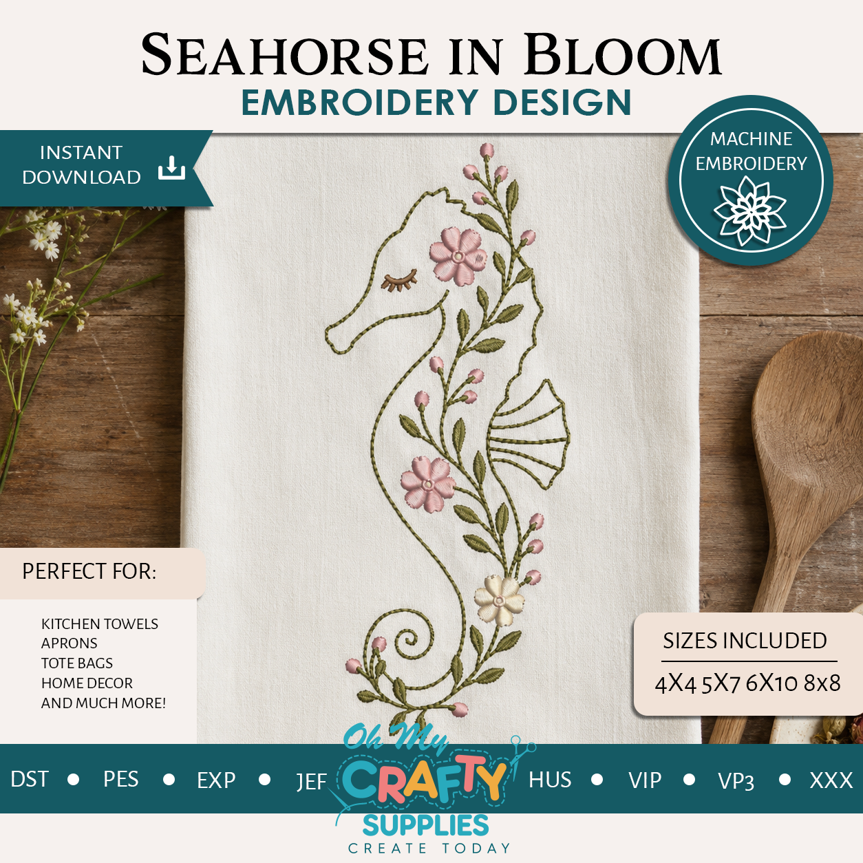 Seahorse in Bloom Embroidery Design