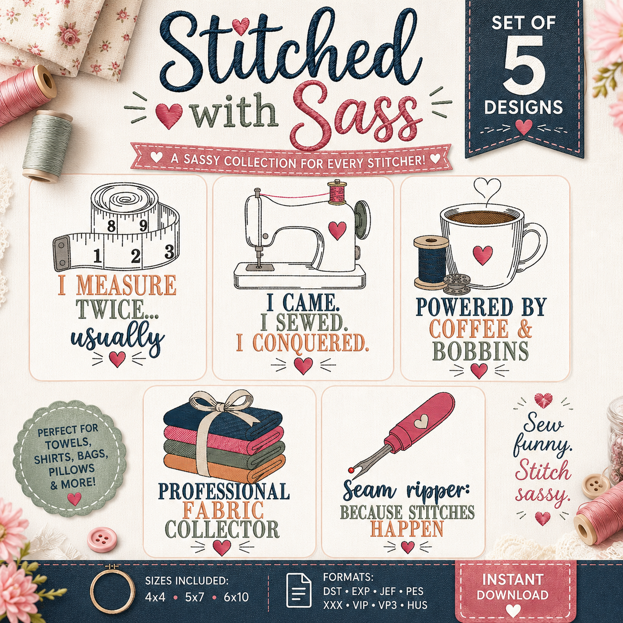 Stitched with Sass Embroidery Design Collection of 5