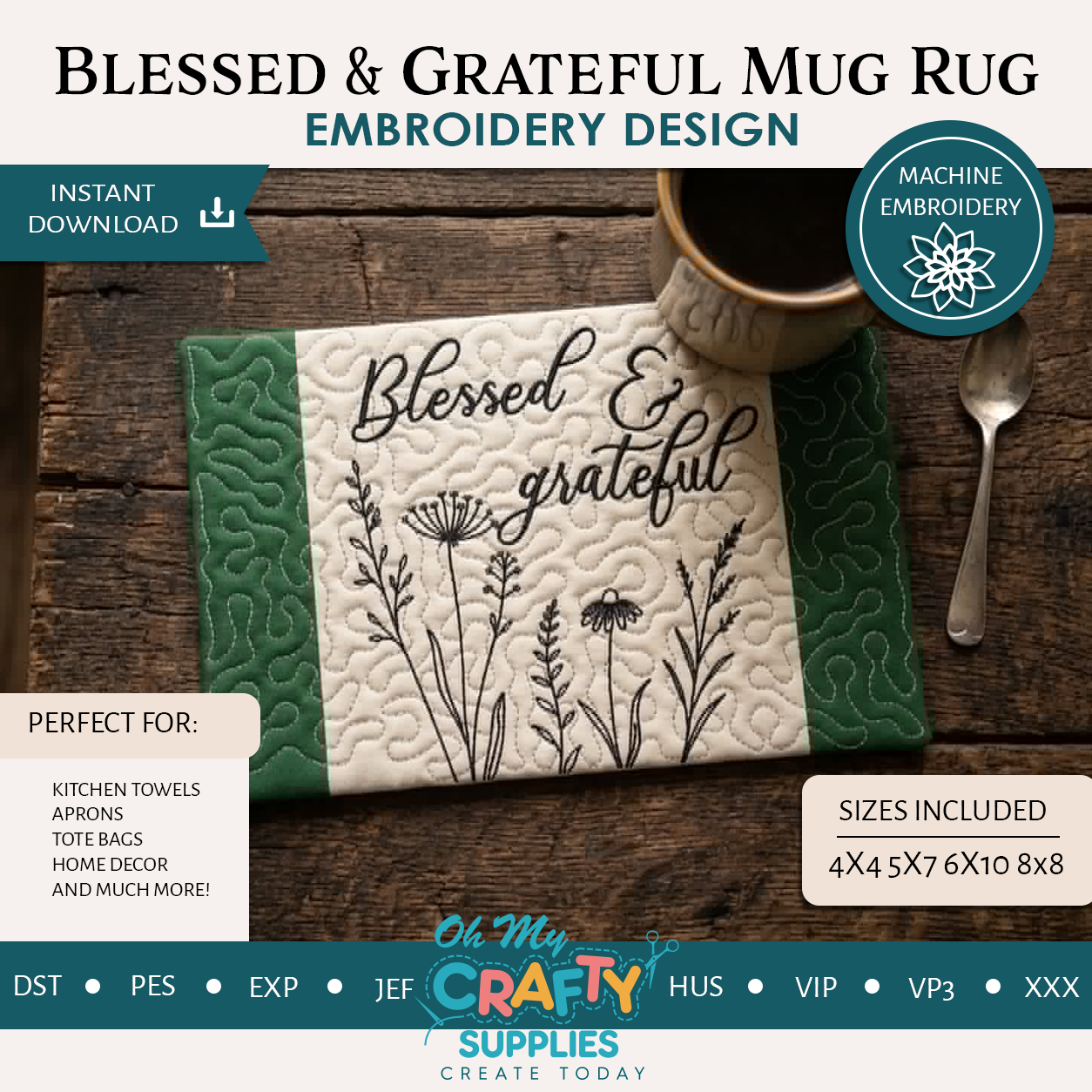 ITH Blessed & Grateful Mug Rug Embroidery Design