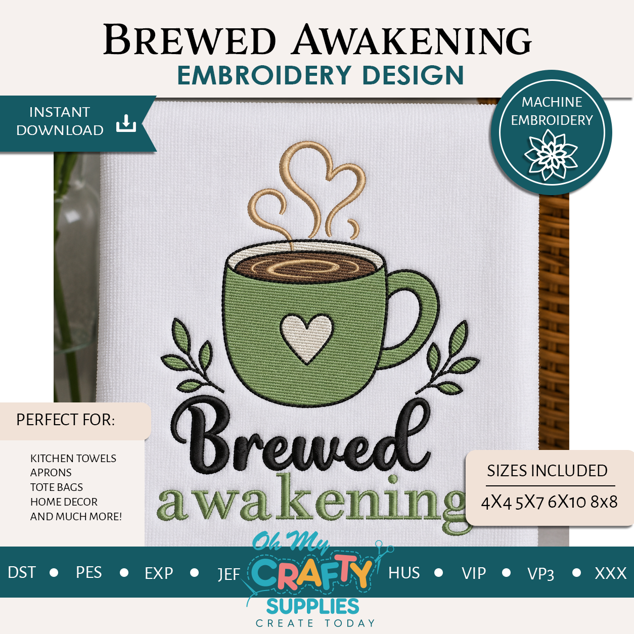 Brewed Awakening Embroidery Design