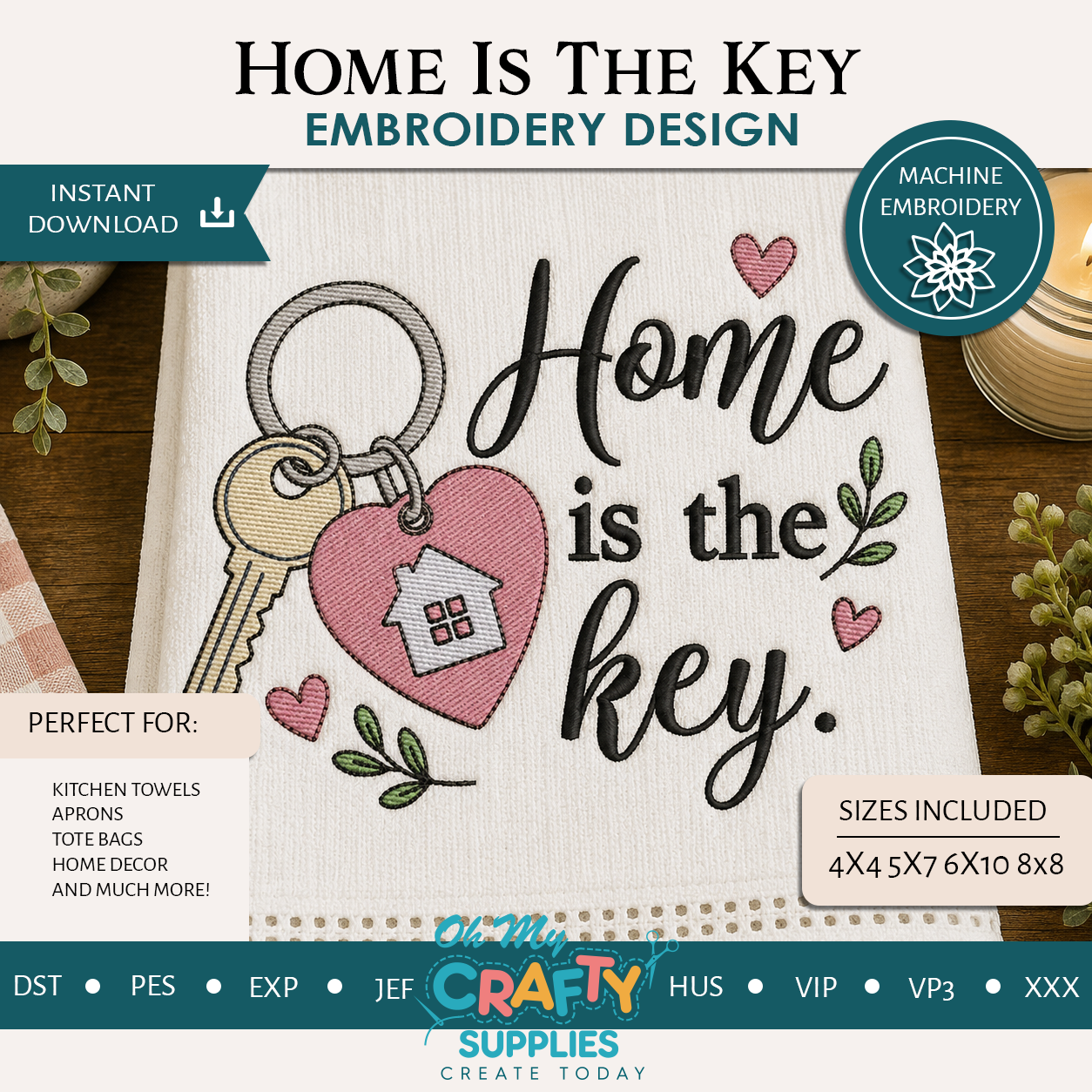 Home Is The Key Embroidery Design