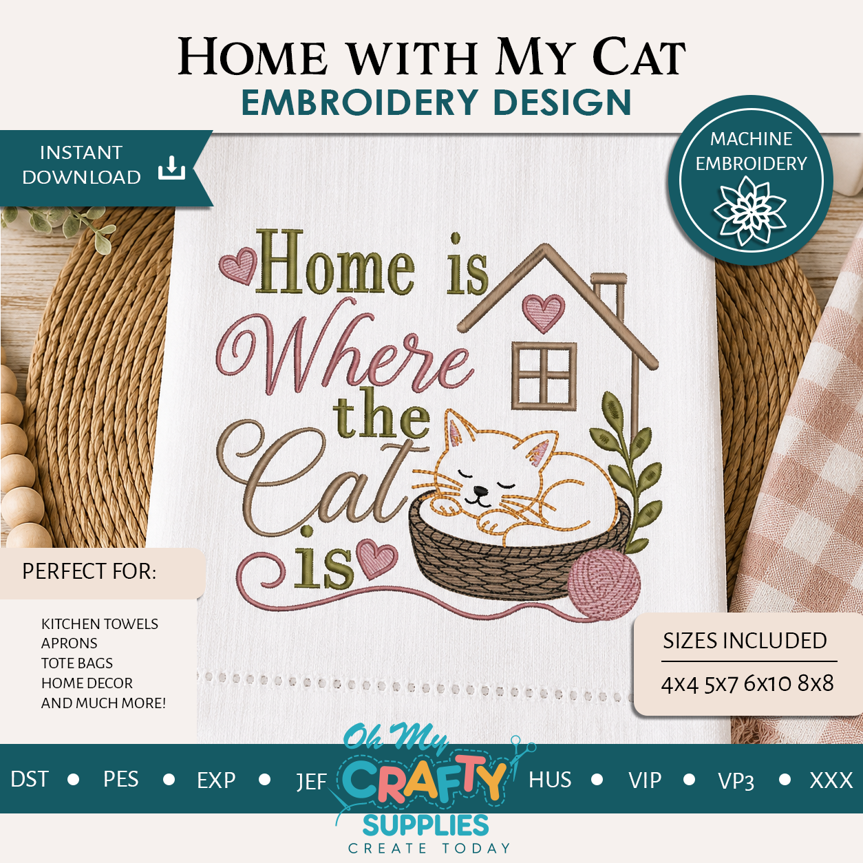 Home with My Cat Embroidery Design