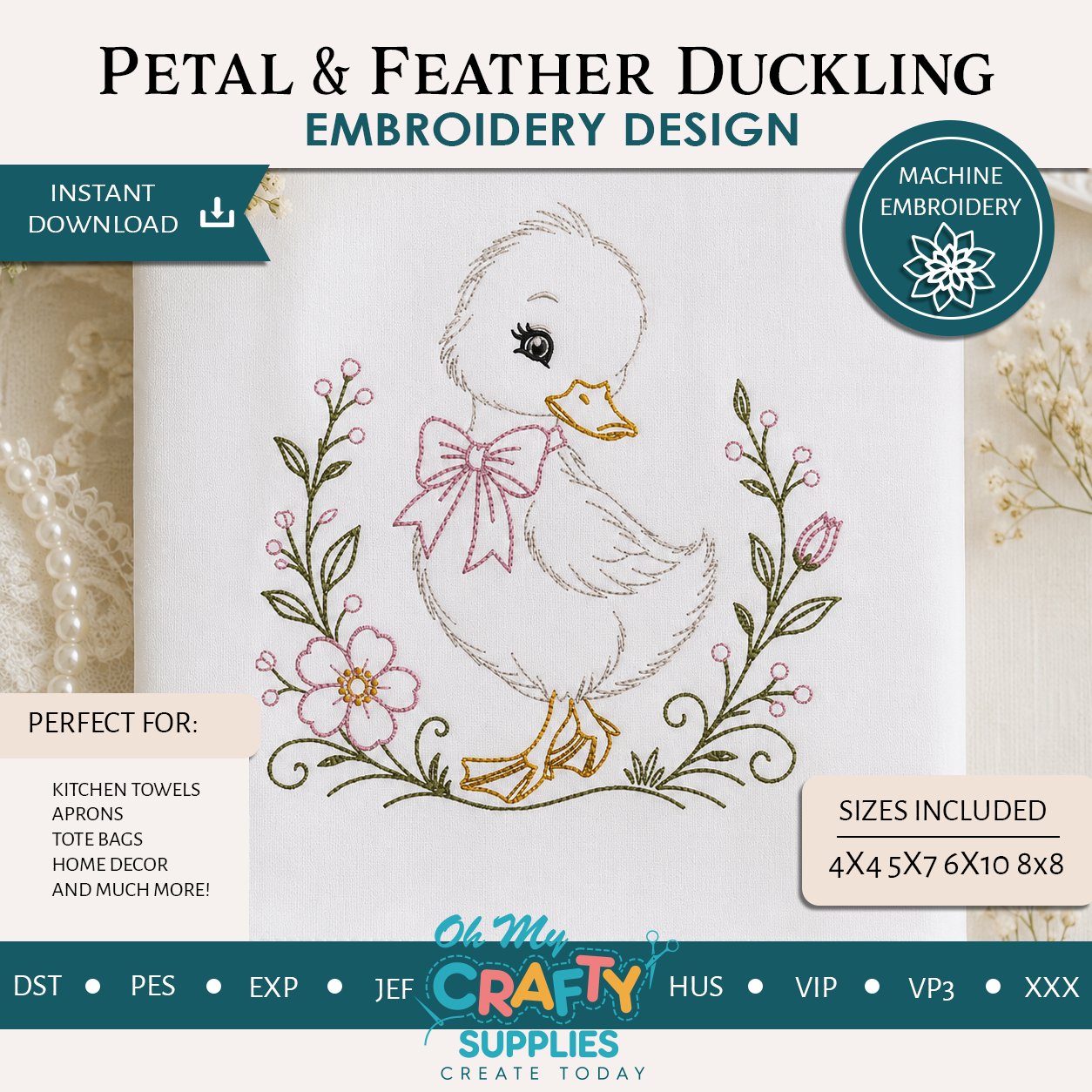 Petal & Feather Duckling Embroidery Design