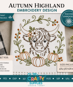 Autumn Highland Cow Embroidery Design