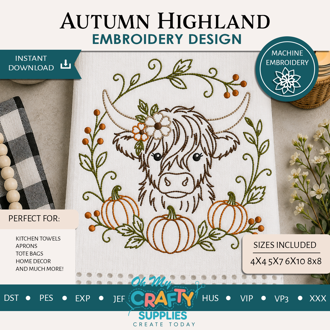 Autumn Highland Cow Embroidery Design