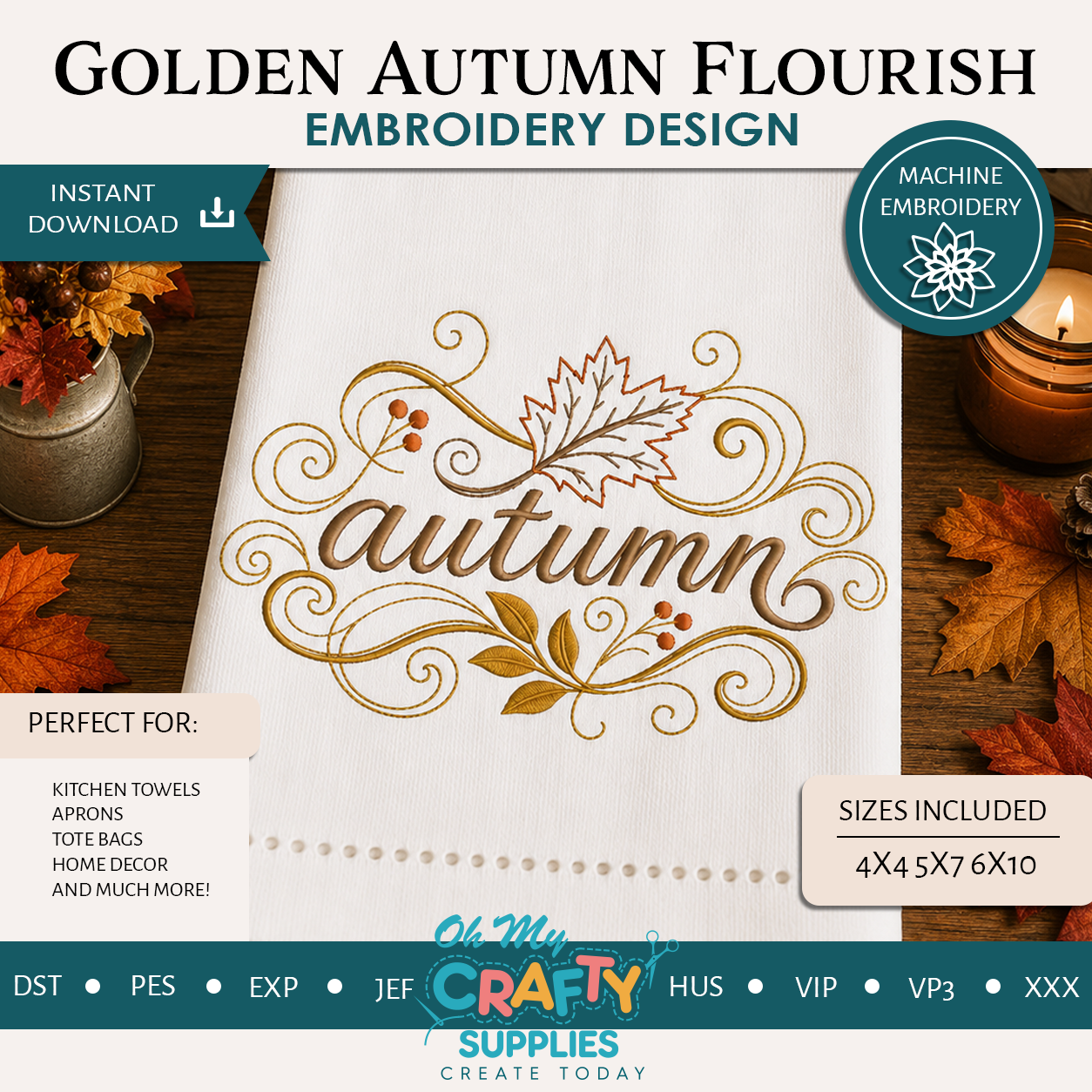 Golden Autumn Flourish Embroidery Design