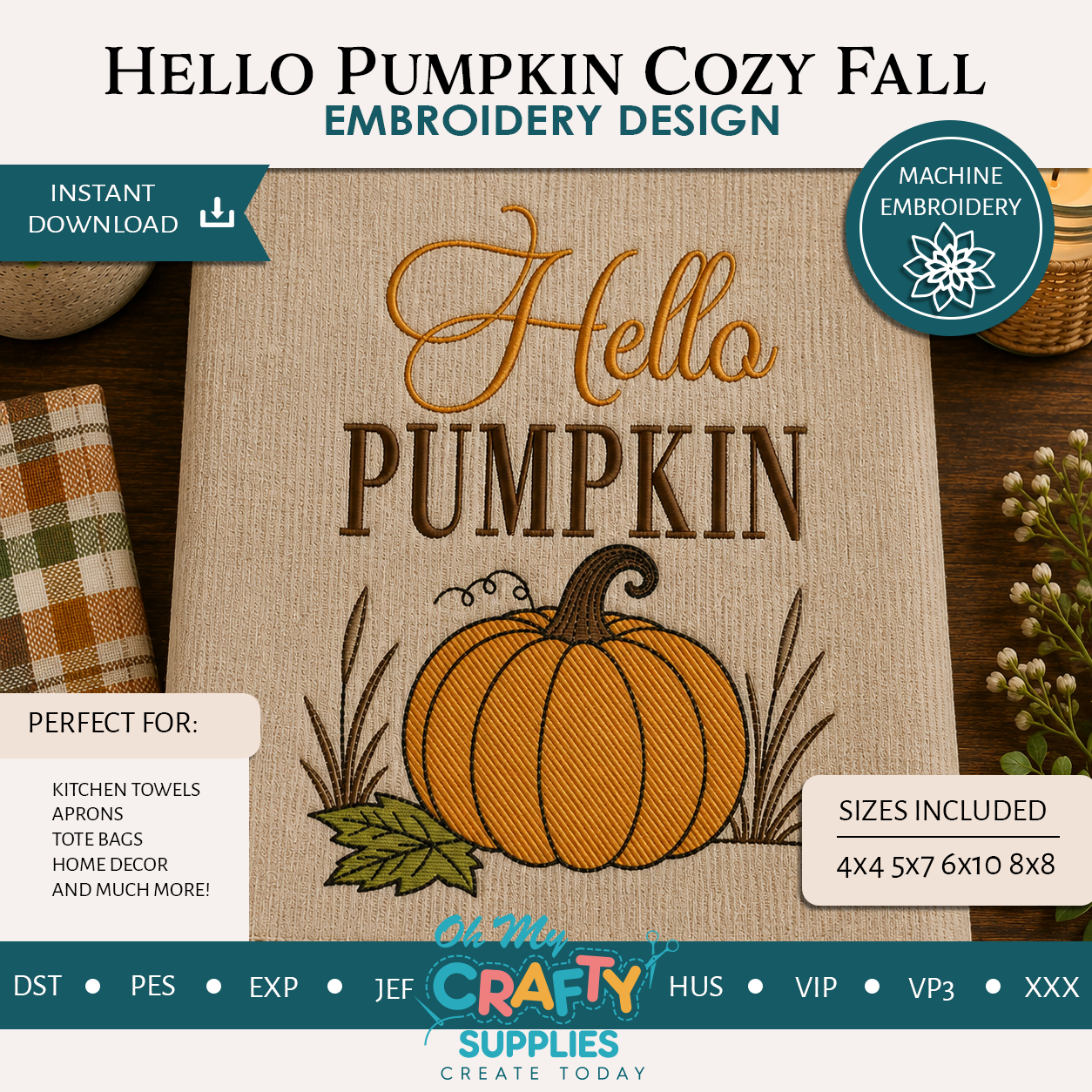 Hello Pumpkin Cozy Fall Embroidery Design