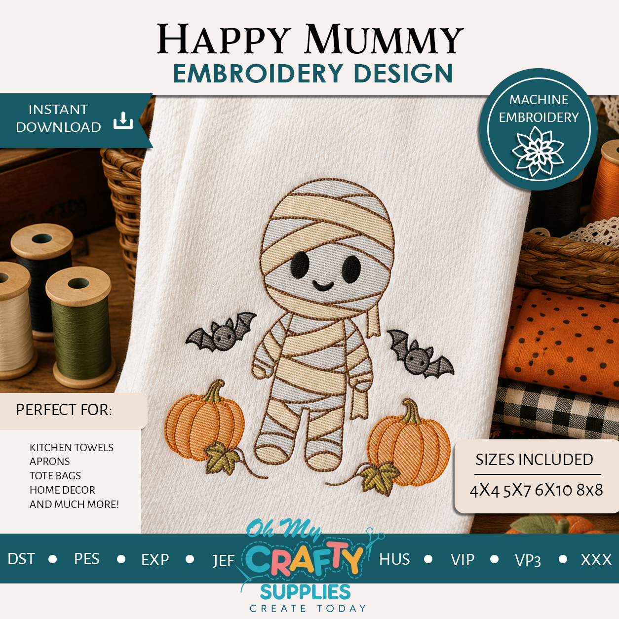 Happy Mummy with Pumpkins Embroidery Design