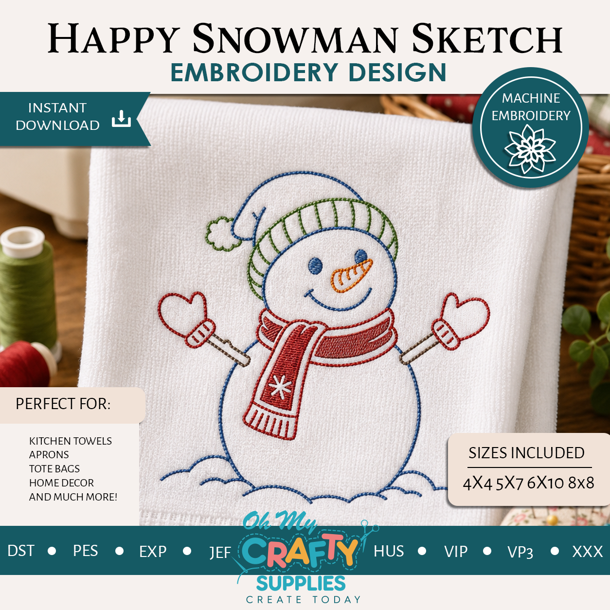Happy Snowman Sketch Embroidery Design