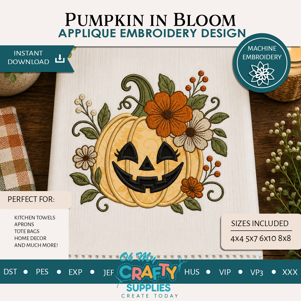 Pumpkin in Bloom Applique Embroidery Design