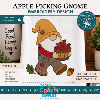 Apple Picking Gnome Embroidery Design