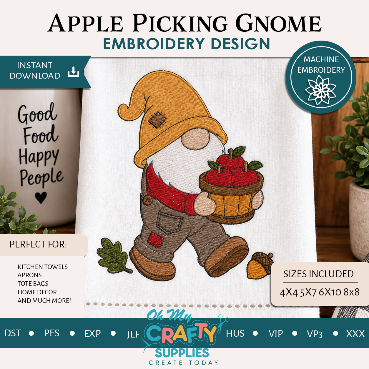 Apple Picking Gnome Embroidery Design