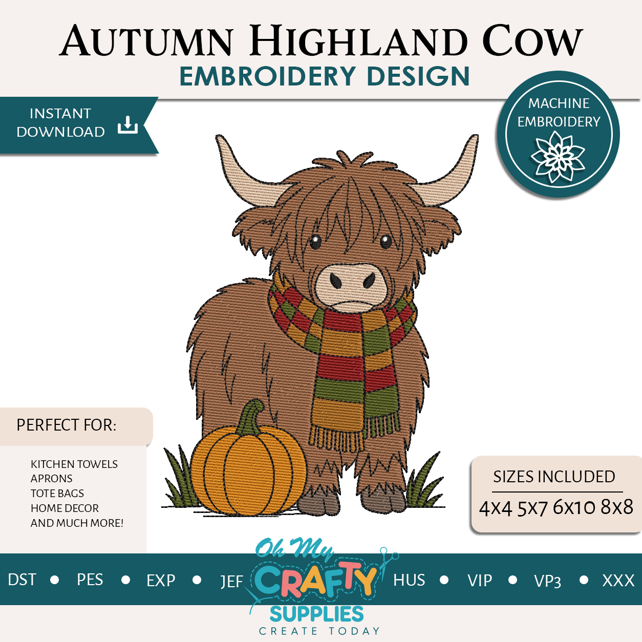 Autumn Highland Cow Embroidery Design